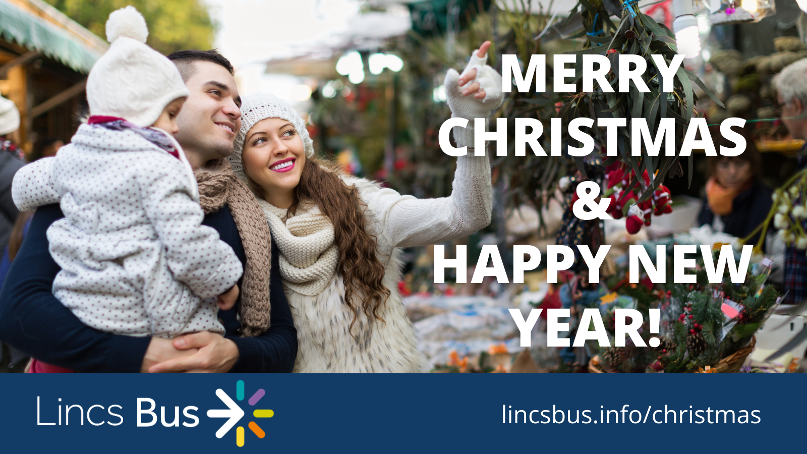 Festive greeting card featuring "Merry Christmas and Happy New Year from Lincsbus" in cheerful typography.