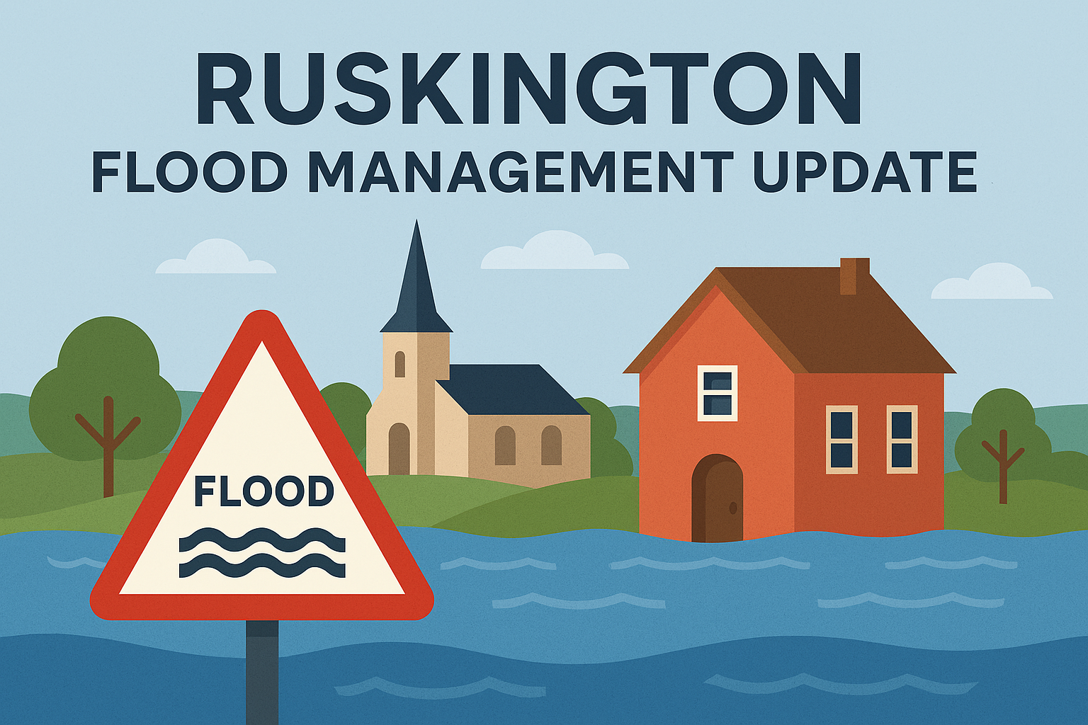 Flooded streets in Ruskington, with water covering roads and surrounding properties, highlighting the impact of severe weather.