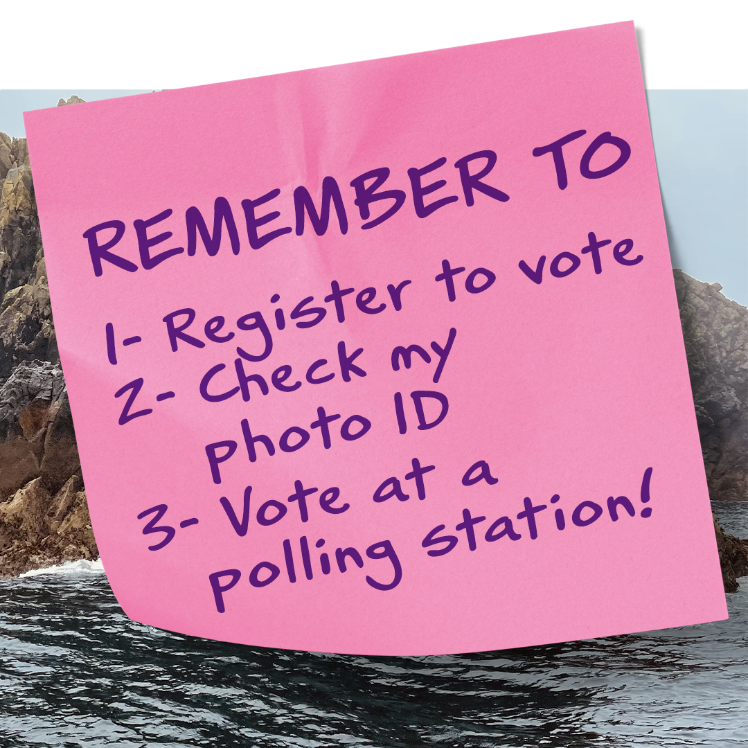 Remember to:
1 - Register to vote
2 - Check my photo ID
3 - Vote at a polling station!