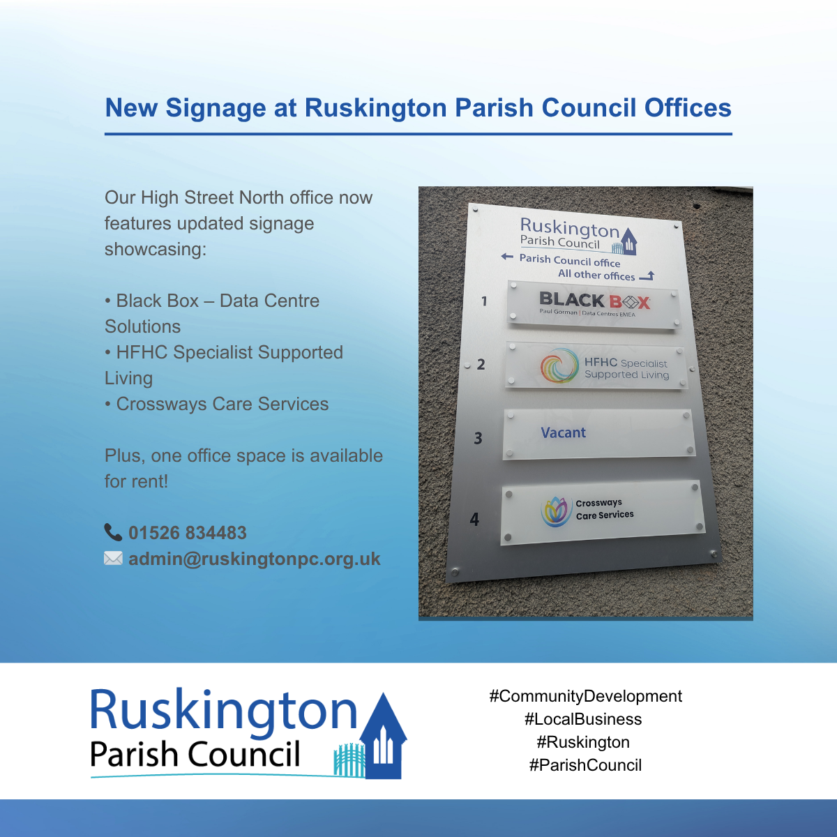 Exterior view of the Ruskington Parish Council office, featuring a welcoming entrance and council signage.