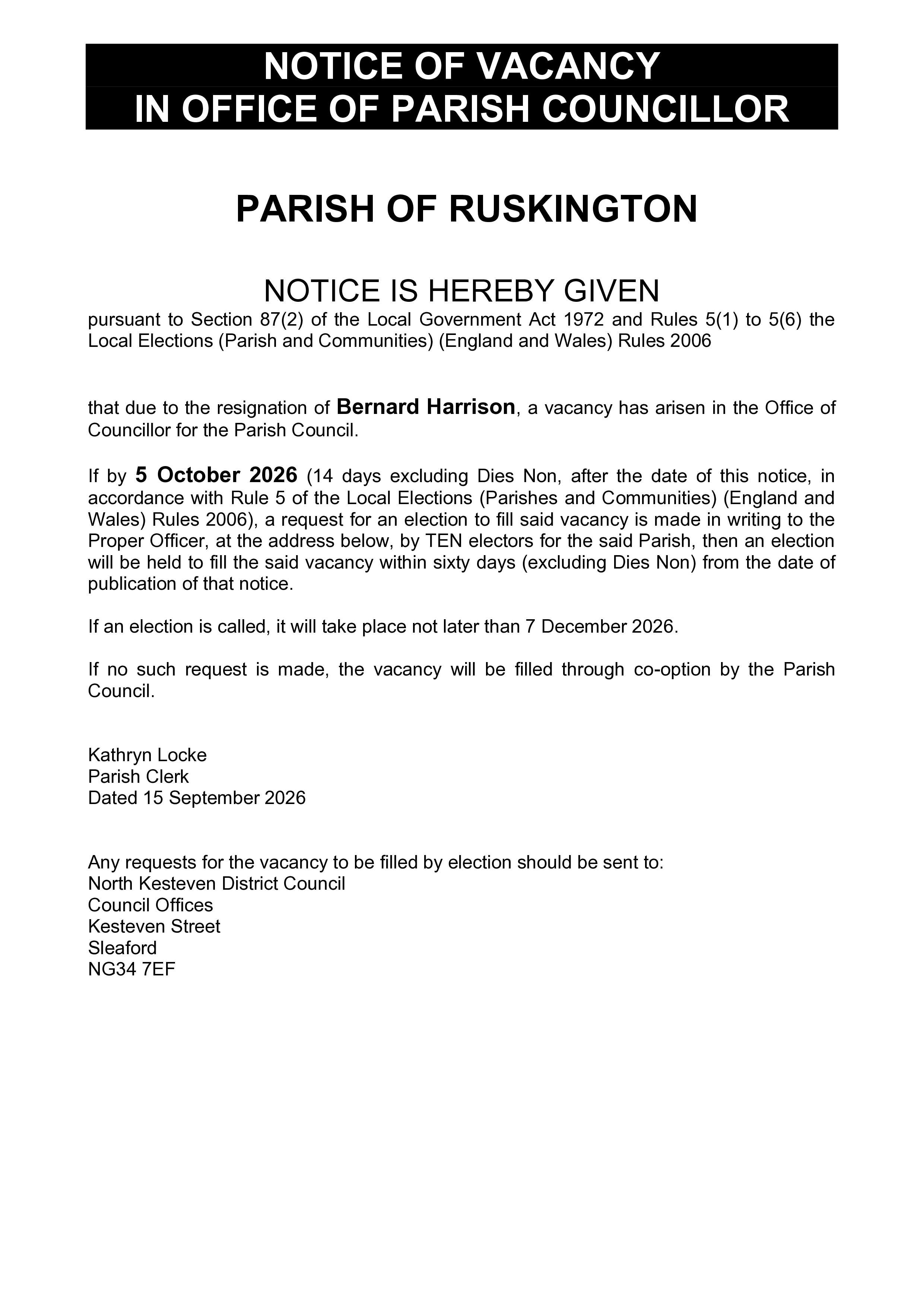 Notice of vacancy ruskington b harrison