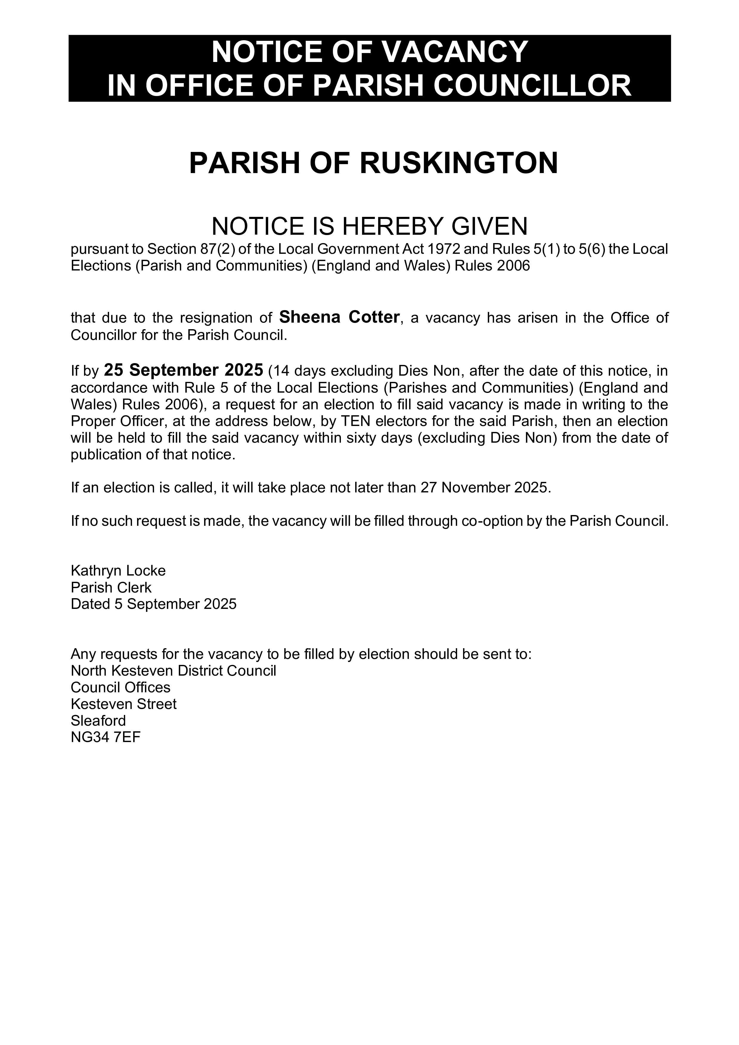 Notice of vacancy Ruskington