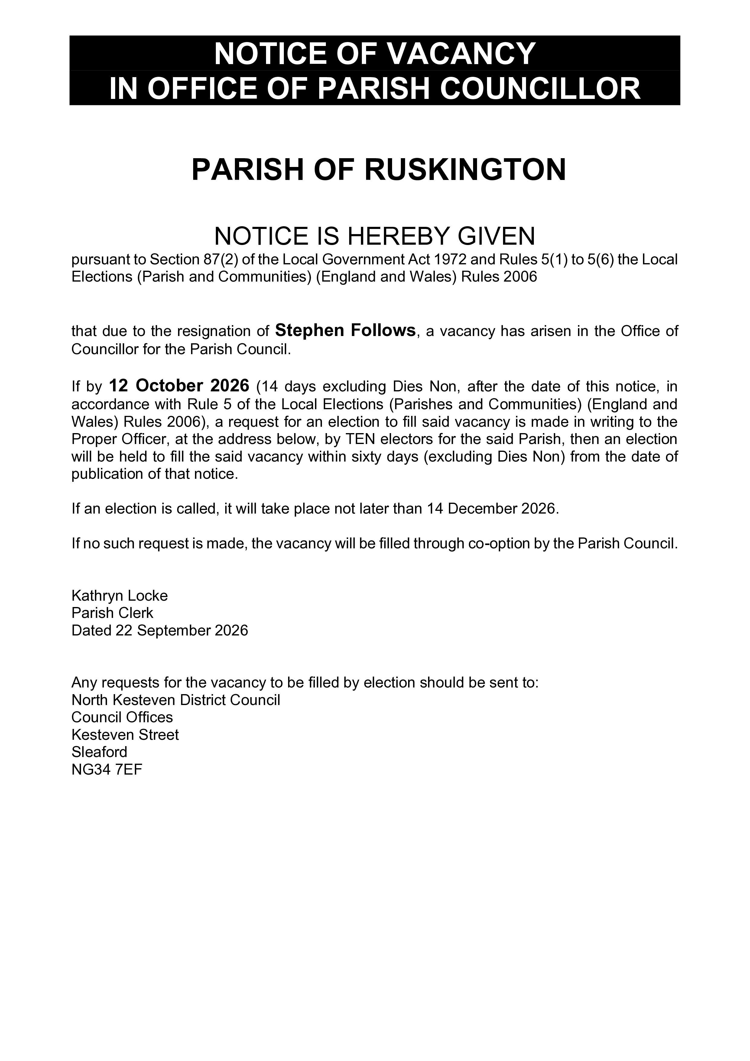 Notice of vacancy ruskington s follows