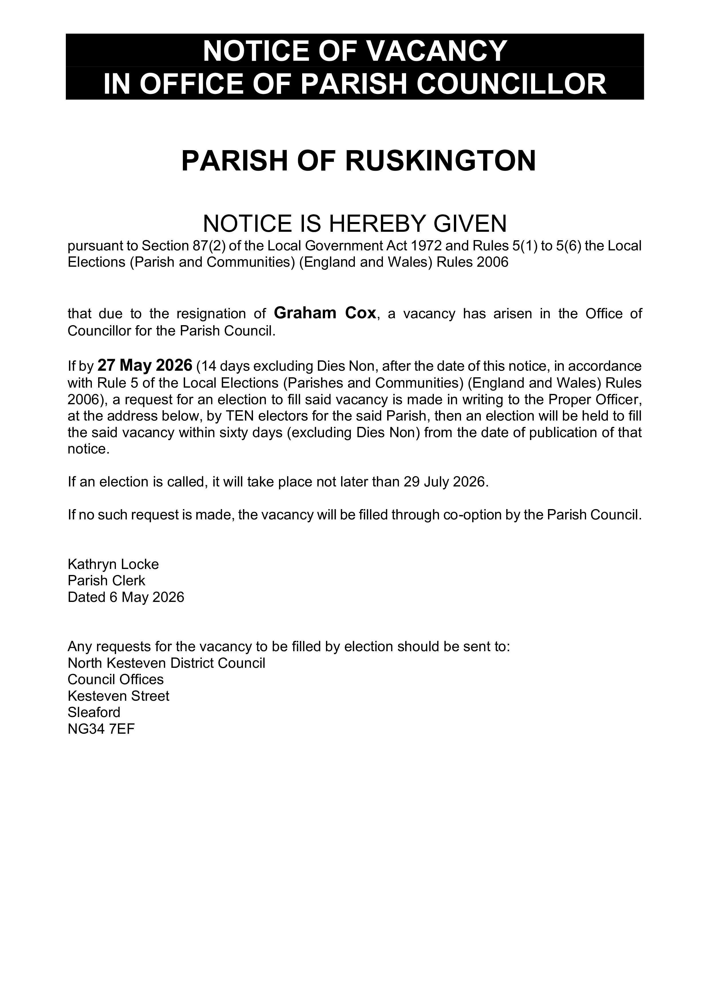 Notice of vacancy ruskington cox 1