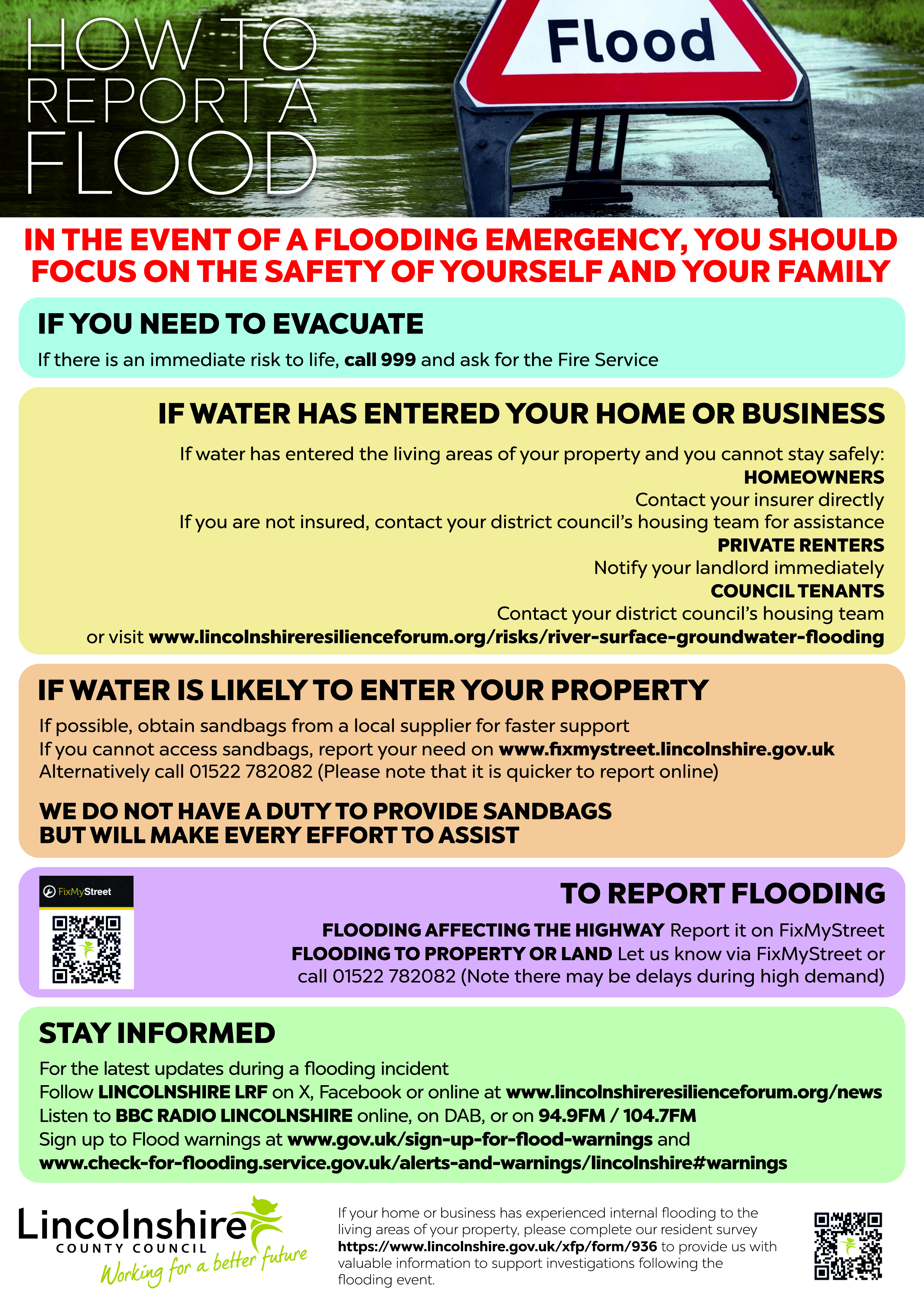 Informative poster on flooding, featuring safety guidelines and resources for community support during emergencies.
