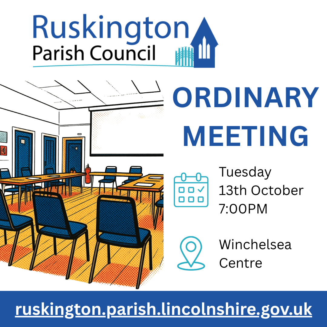 Members of the Ruskington Parish Council engaged in discussion at an ordinary meeting, with documents and a projector visible.