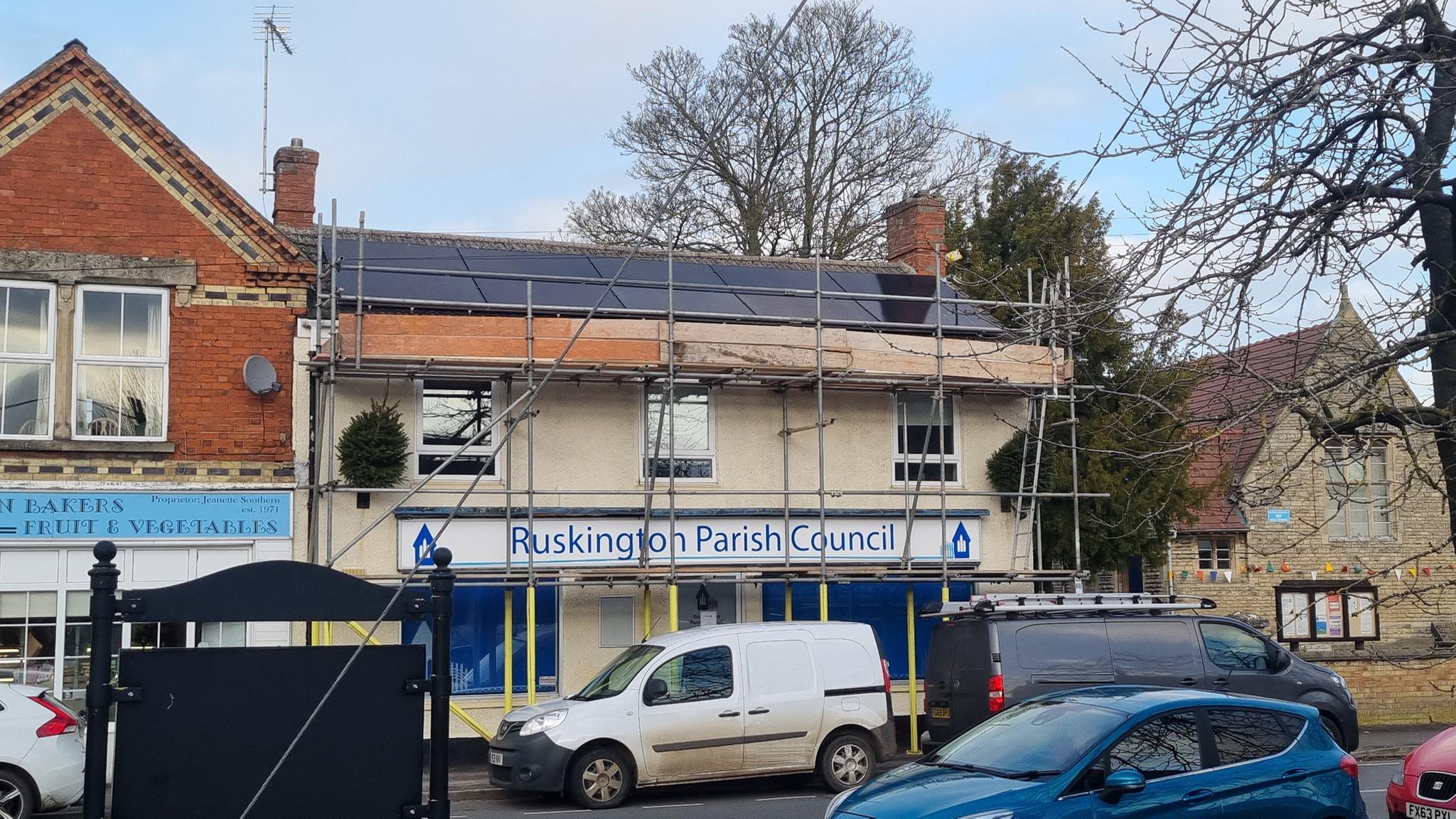 Picture of parish council office with solar panels installed on the roof.