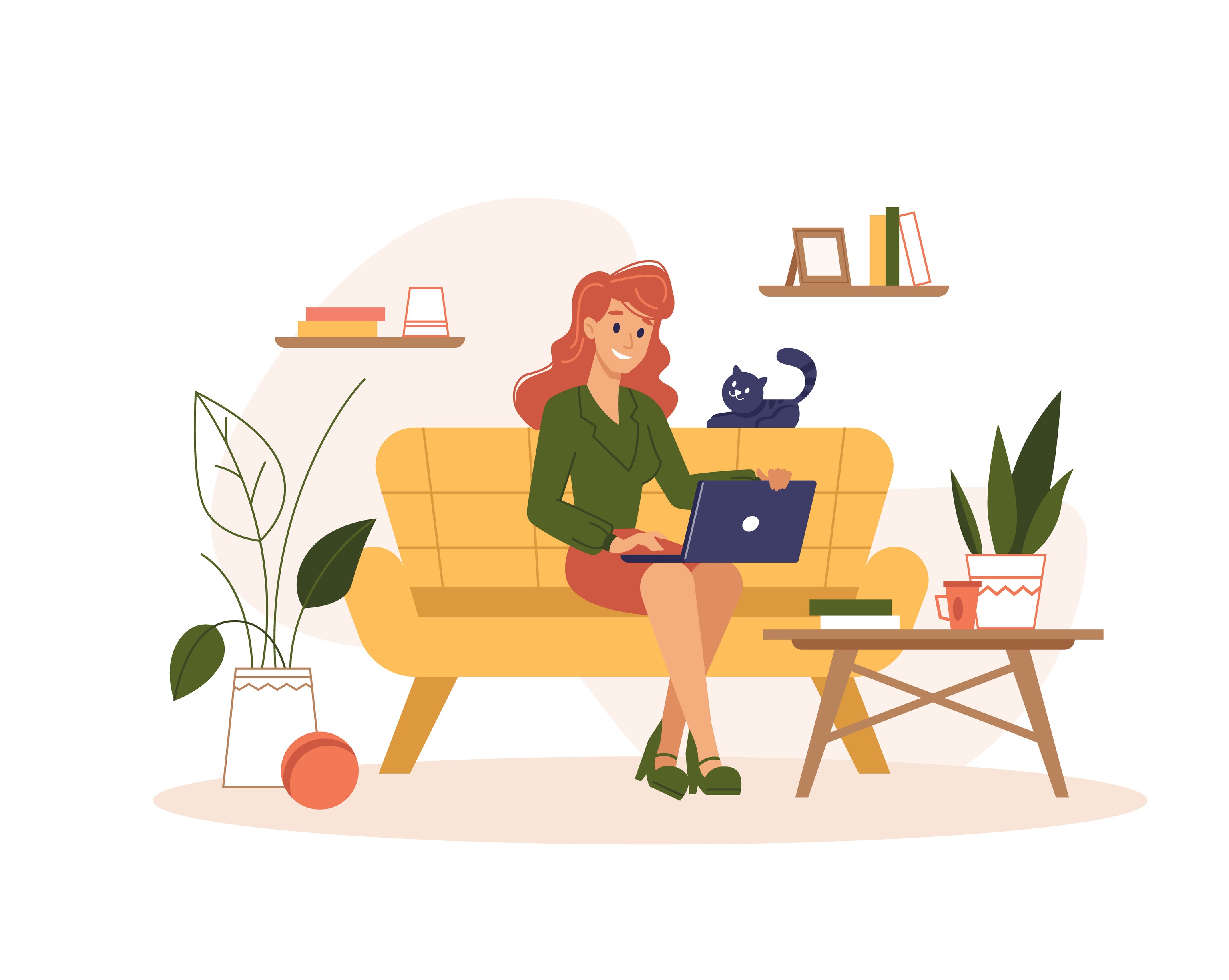 A female sitting on a chair working from home.